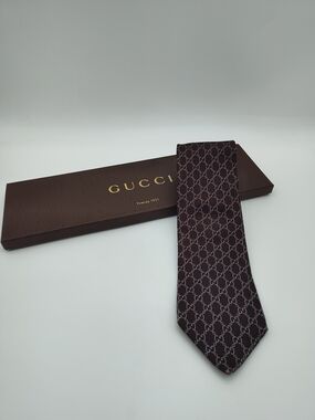 GUCCI Men's Silk Tie Brown GG Monogram Chain Print Made in Italy w/ Box NWOT NIB